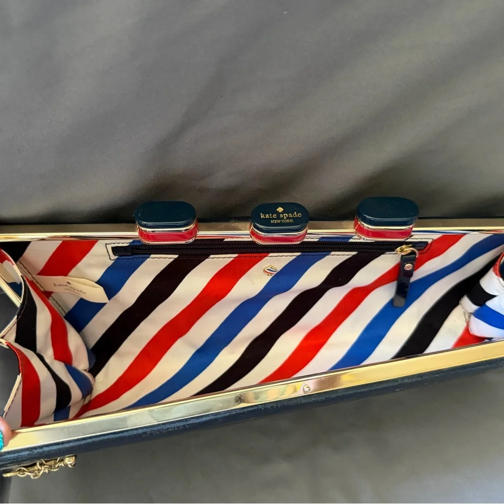 Kate Spade New York Navy Patent Clutch Clasp w/ Striped Lining novelty ship